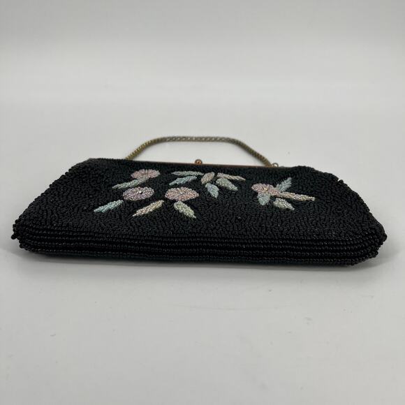 Vintage Beaded Handbag Purse Small Black Pink Floral Kiss Lock Chain Strap - Picture 7 of 11